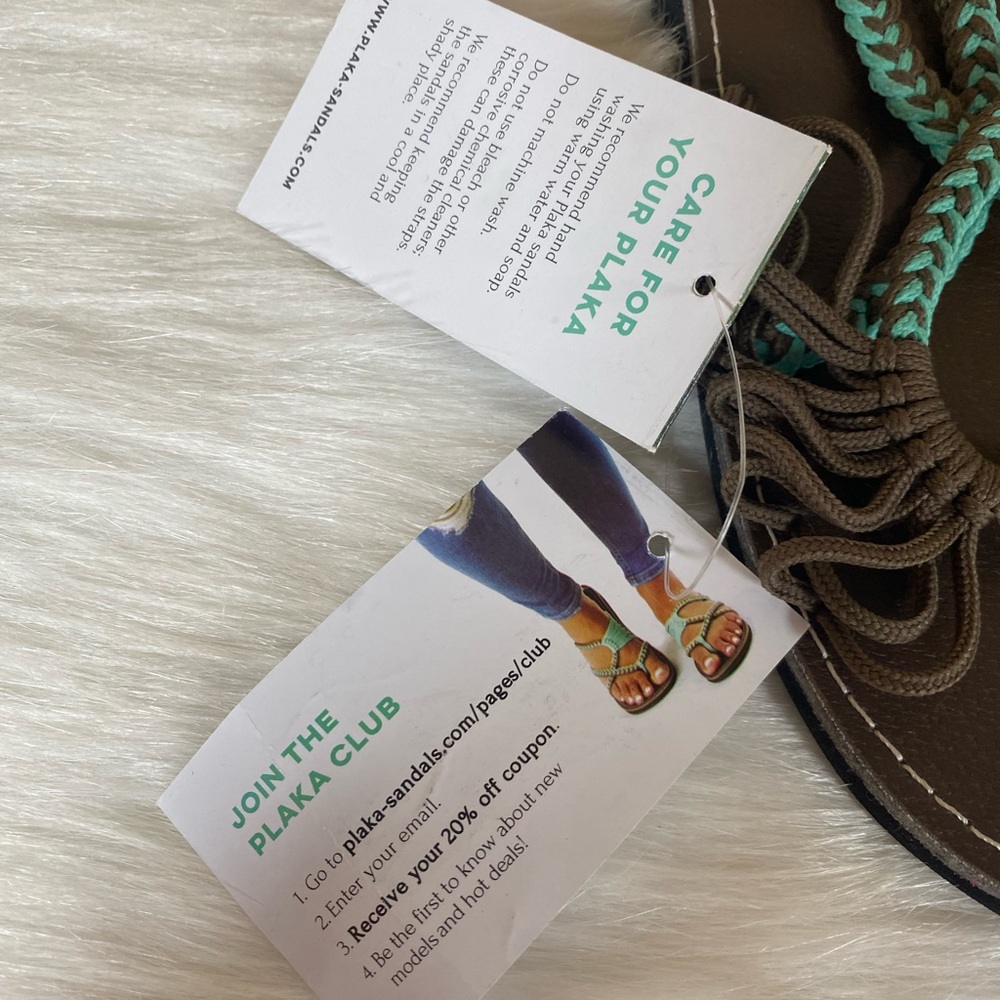 PLAKA Women's Sz 7 Palm Leaf Boho Braided Sandals Brown Turquoise Oceanside NWT - Picture 2 of 7